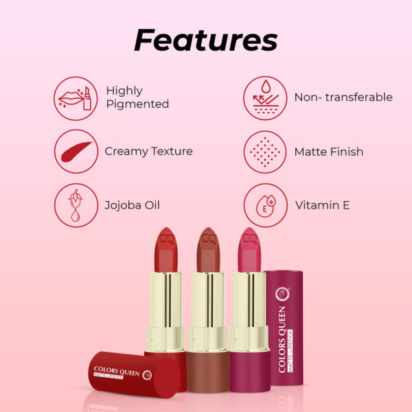 Close-up shot of Colors Queen Lippie Creamy Matte Lipstick in a rich, bold shade, showing smooth application.