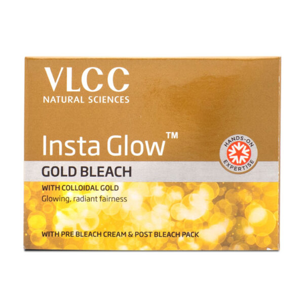 VLCC Insta Glow Gold Bleach with packaging and product displayed.