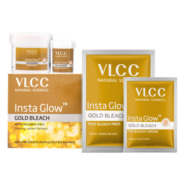 VLCC Insta Glow Gold Bleach with packaging and product displayed.