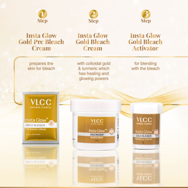 VLCC Insta Glow Gold Bleach with packaging and product displayed.