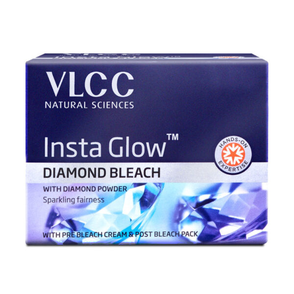 VLCC Insta Glow Diamond Bleach with packaging and product displayed.