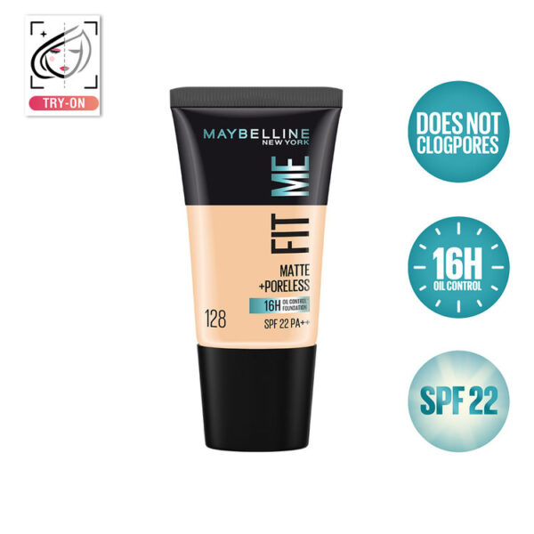 Maybelline Fit Me Matte+Poreless Foundation Bottle with SPF 22, showing smooth and shine-free coverage.