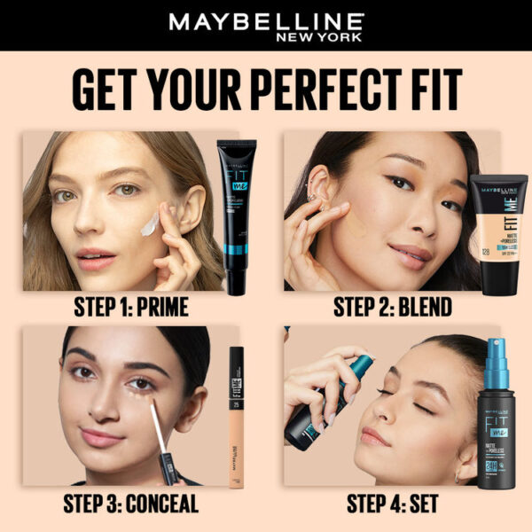 Maybelline Fit Me Matte+Poreless Foundation Bottle with SPF 22, showing smooth and shine-free coverage.