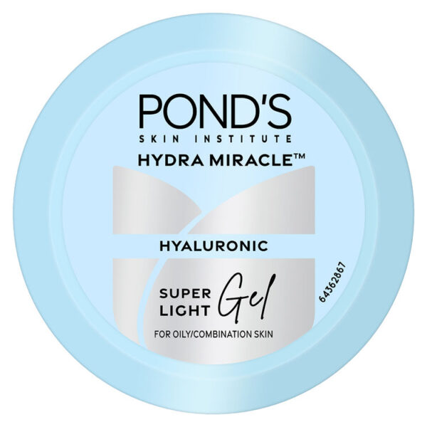 "Pond's Superlight Gel Oil-Free Moisturizer with Hyaluronic Acid & Vitamin E, 24HR Hydration in a sleek jar"