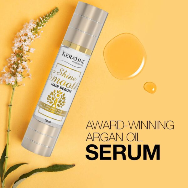 "Keratine Professional Shine Smooth Hair Serum for frizz control, shine, and nourishment in a sleek bottle"