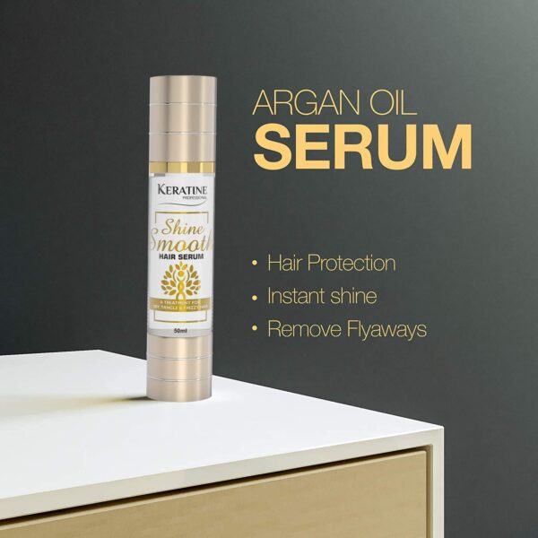 "Keratine Professional Shine Smooth Hair Serum for frizz control, shine, and nourishment in a sleek bottle"