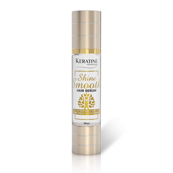 "Keratine Professional Shine Smooth Hair Serum for frizz control, shine, and nourishment in a sleek bottle"