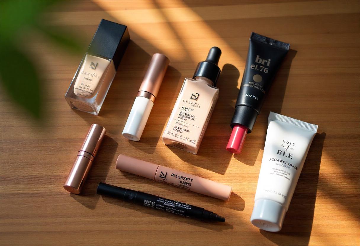 Flat-lay of must-have beauty products for Indian skin including foundation, lipstick, and skincare items with eco-friendly packaging
