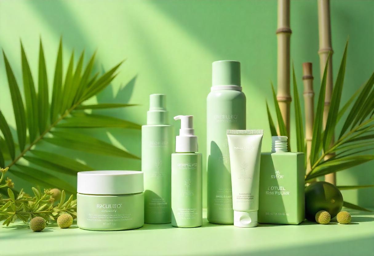 Eco-friendly Indian beauty products with recycled packaging shown with green leaves and bamboo background