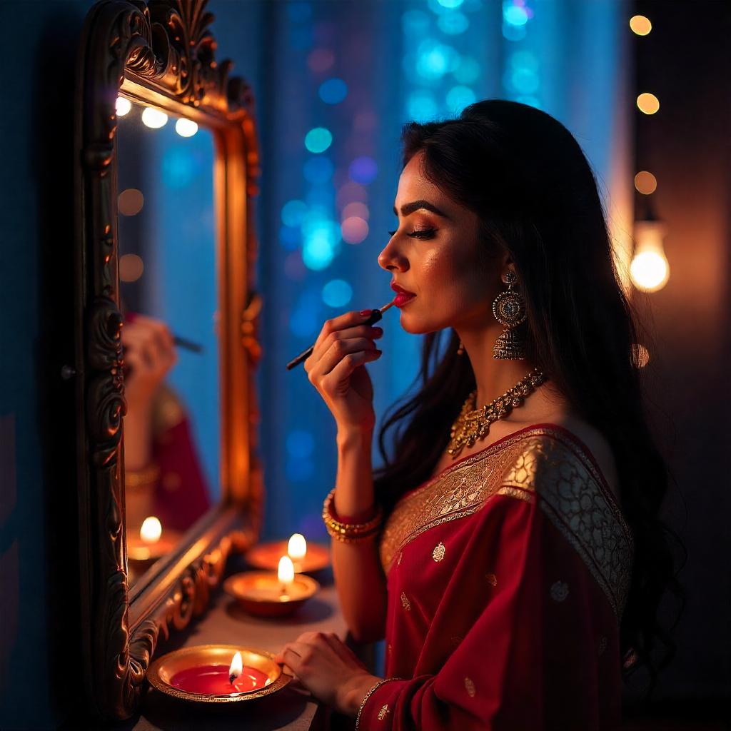 Indian woman applying makeup using affordable beauty products